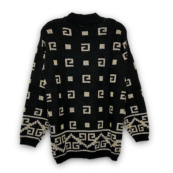VINTAGE 80s Art Deco Gold Geometric Knit Sweater Mockneck Oversized Pullover M - Picture 2 of 5